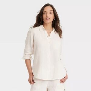 Women's Long Sleeve Gauzy Collared Button-Down Shirt